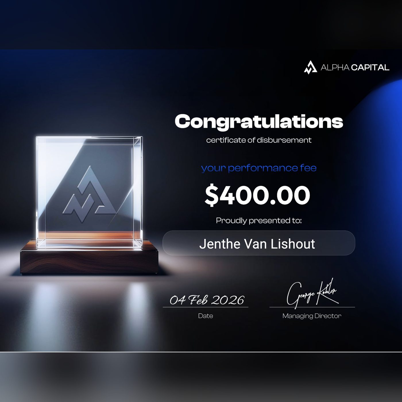 Alpha Capital payout $400.00 &mdash; 4 Feb 2026
