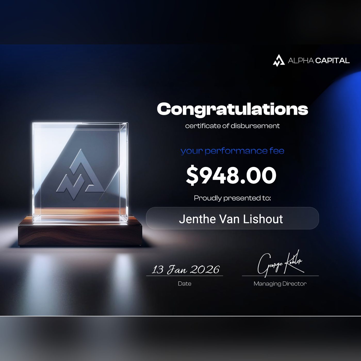 Alpha Capital payout $948.00 &mdash; 13 Jan 2026